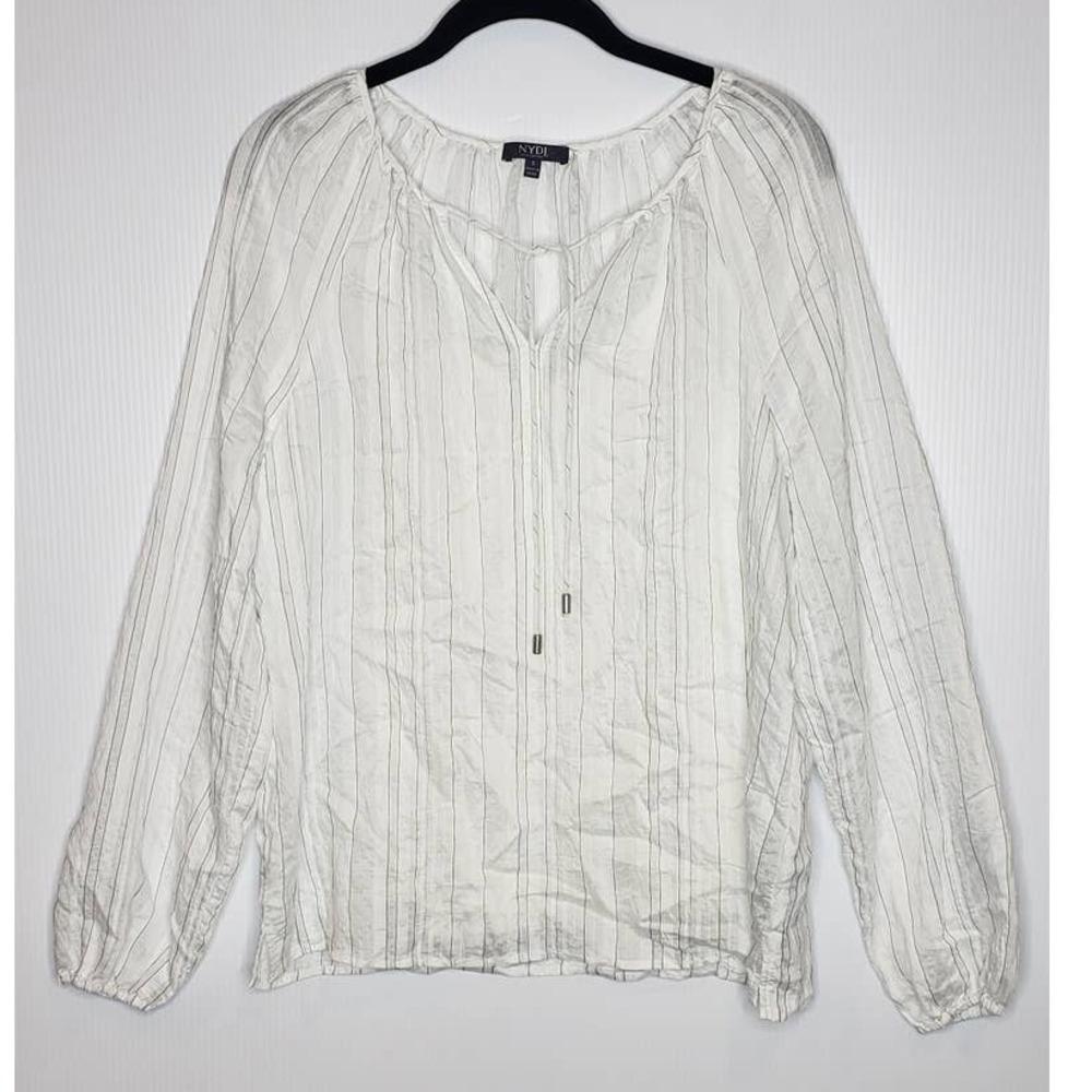 NYDJ White Striped Peasant Blouse Tie Neck Small Boho Hayward Lightweight